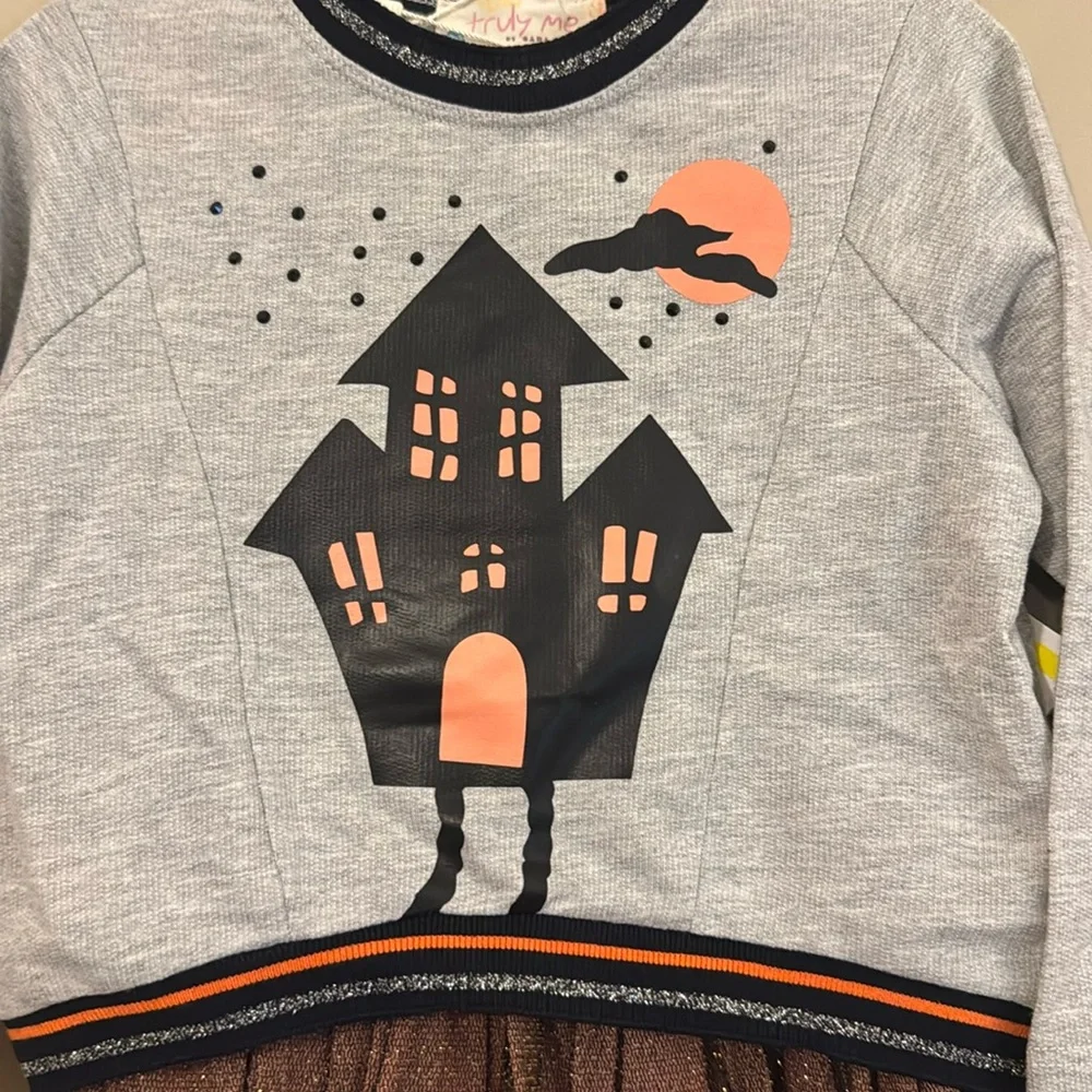 NWT- Truly Me Kids Haunted House long sleeve tutu Dress, Grey multi, 2T